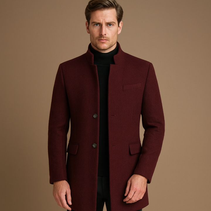 Men's longline stand collar overcoat in a tailored fit, perfect for business or formal evening wear.