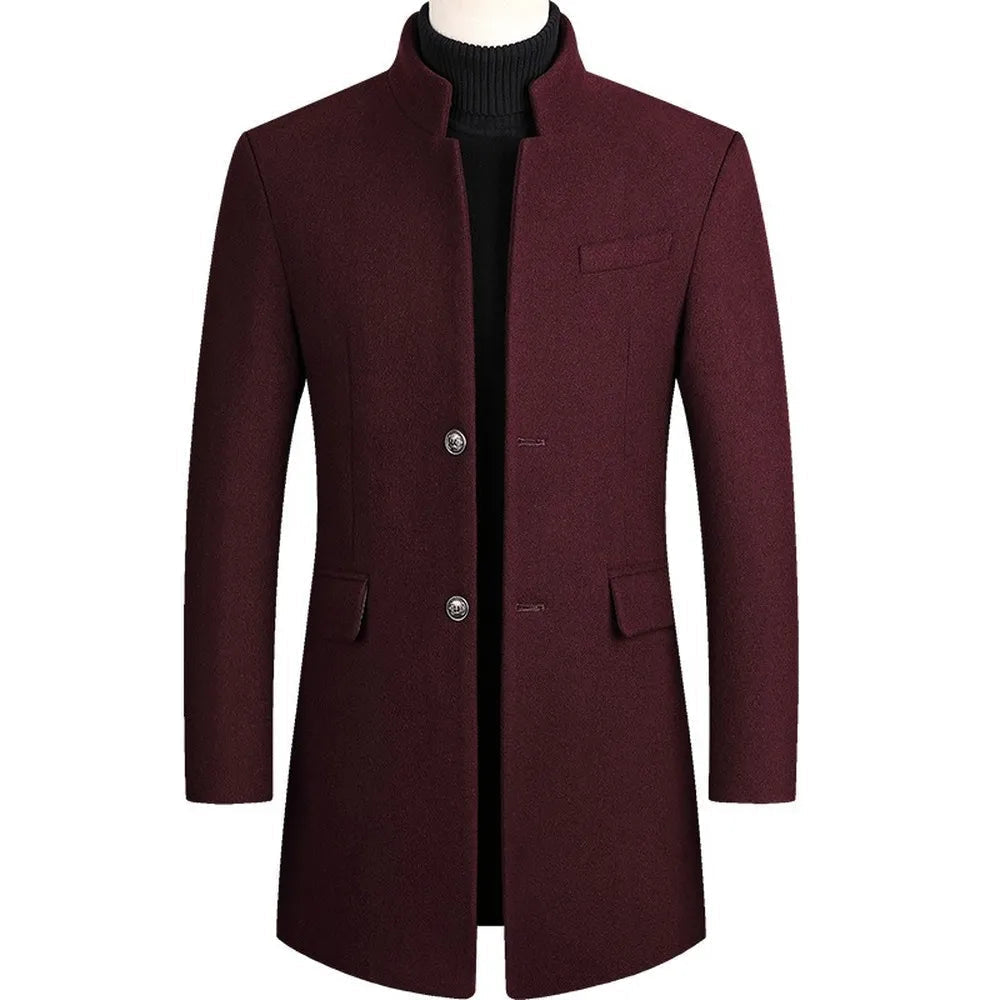 Elegant black men's stand collar overcoat, a slim-fit longline trench coat for formal business attire.