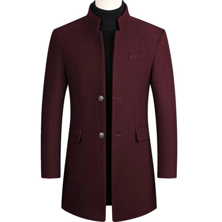 Elegant black men's stand collar overcoat, a slim-fit longline trench coat for formal business attire.