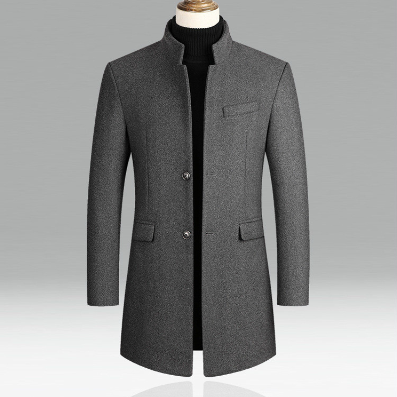Sophisticated dark blue men's overcoat with a stand collar, ideal for business and evening events.