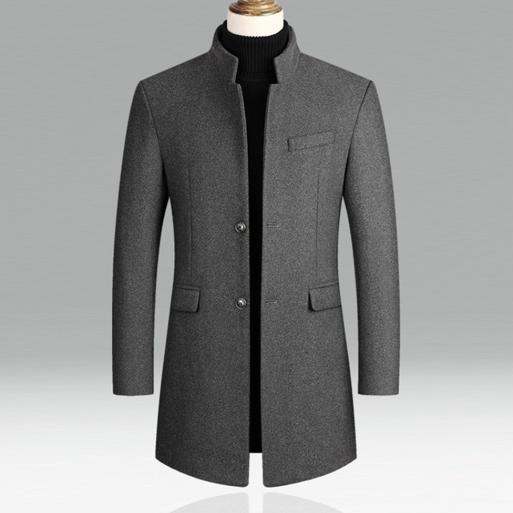 Sophisticated dark blue men's overcoat with a stand collar, ideal for business and evening events.