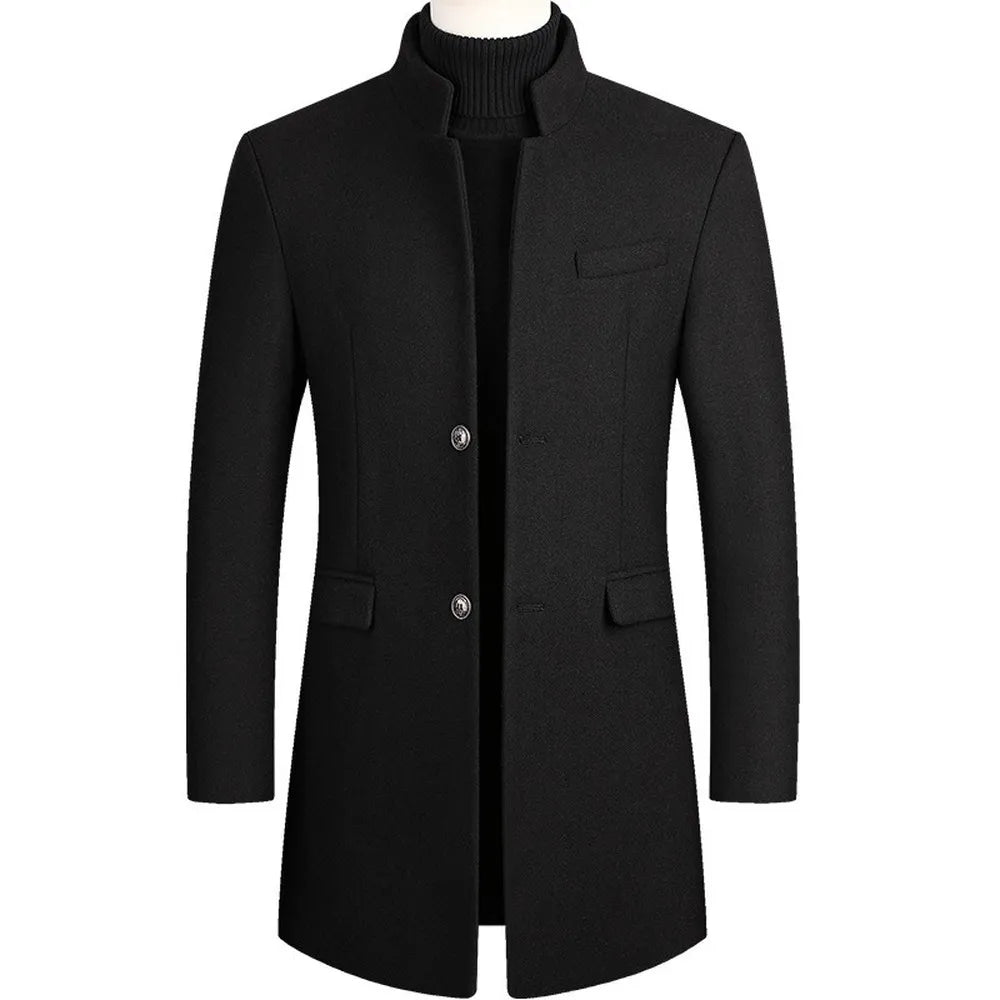 Tailored gray men's longline overcoat, a smart stand collar jacket for business and formal occasions.