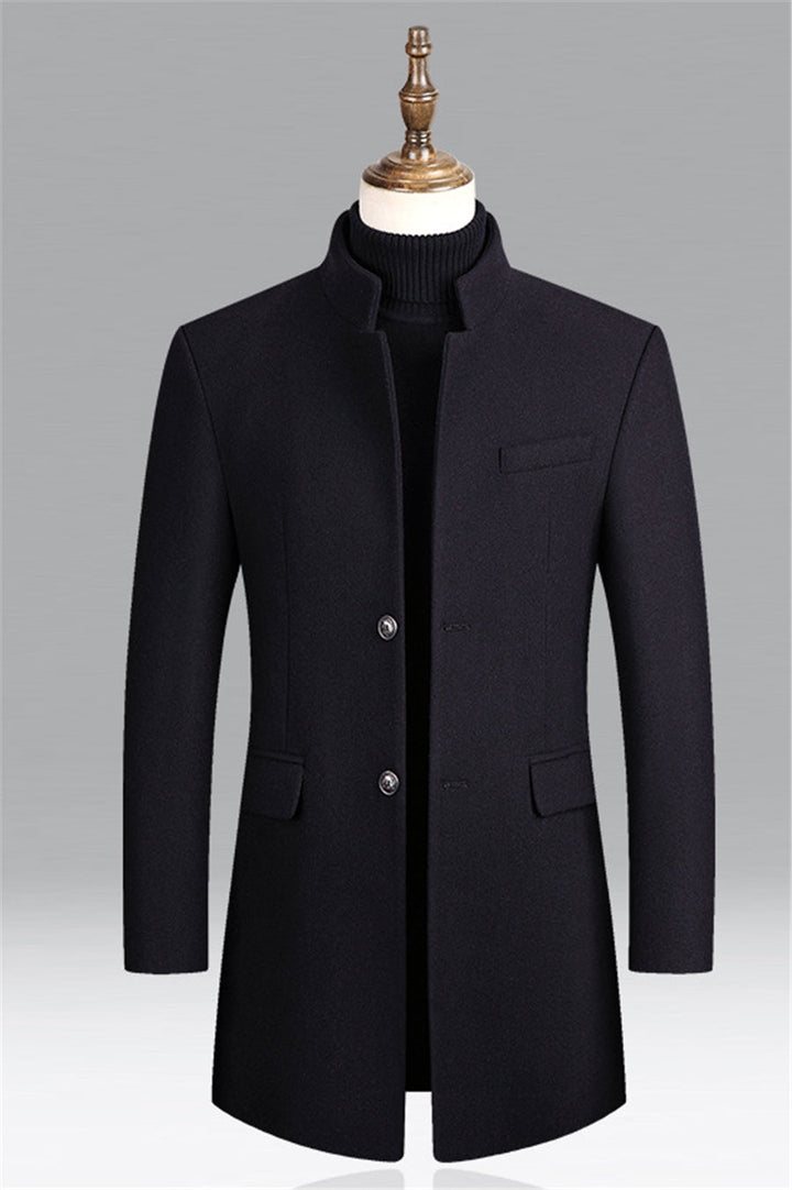 Premium bordeaux men's stand collar overcoat, a chic longline jacket for upscale business & evening wear.