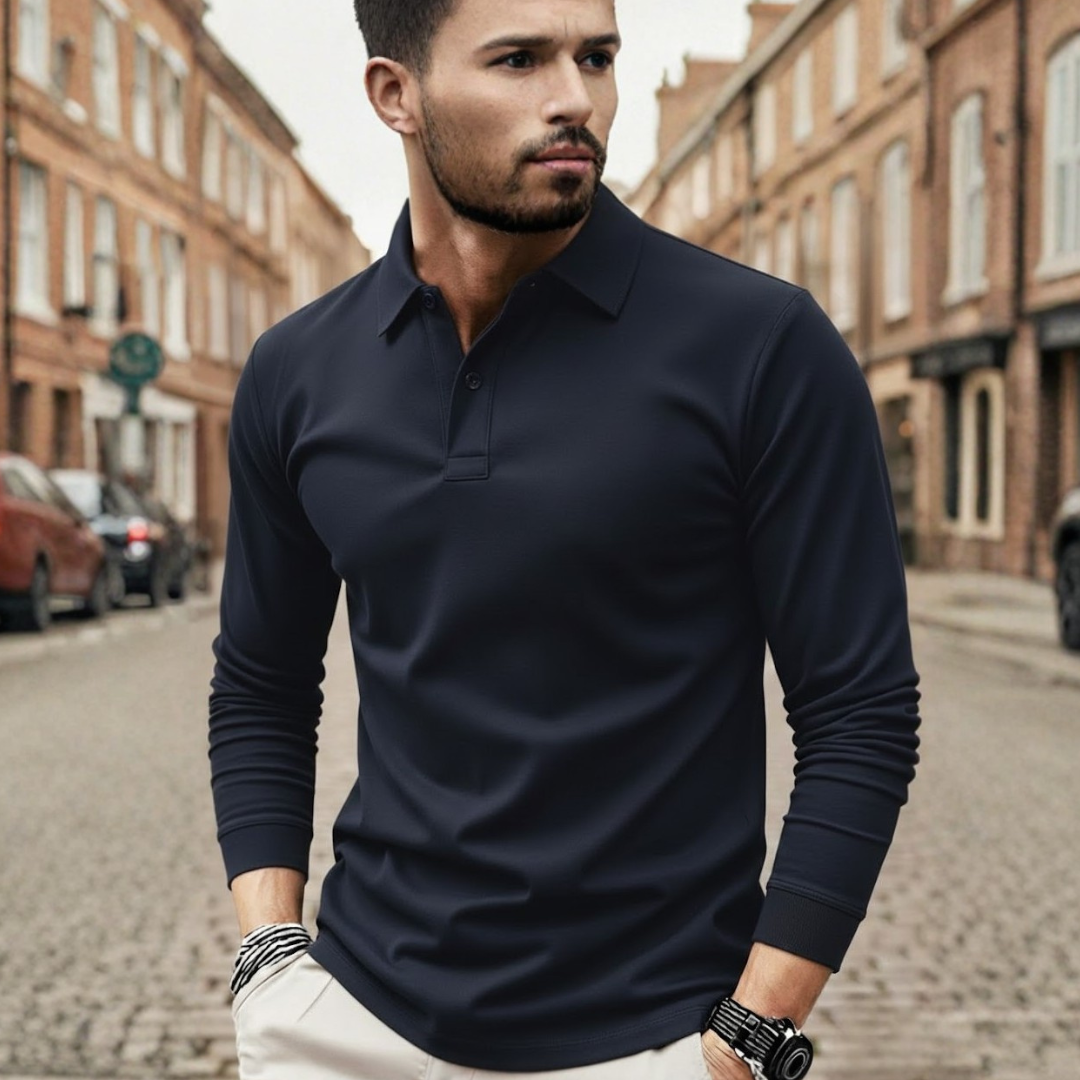 Stylish men's long sleeve polo in a relaxed loose fit, ideal for fall and spring fashion.