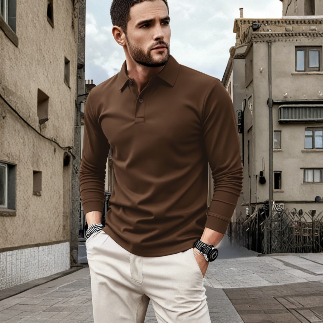 Comfortable men's solid long sleeve polo top with a loose fit for versatile daily wear.
