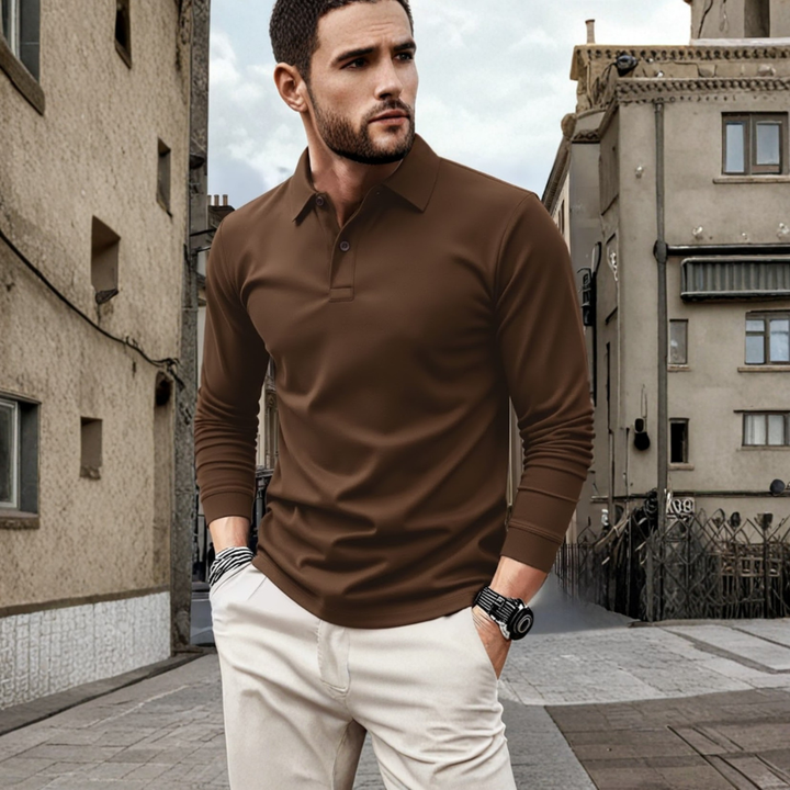 Comfortable men's solid long sleeve polo top with a loose fit for versatile daily wear.