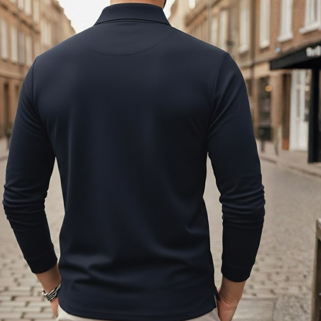 Men's loose fit long sleeve polo with classic collar, suitable for smart casual occasions.