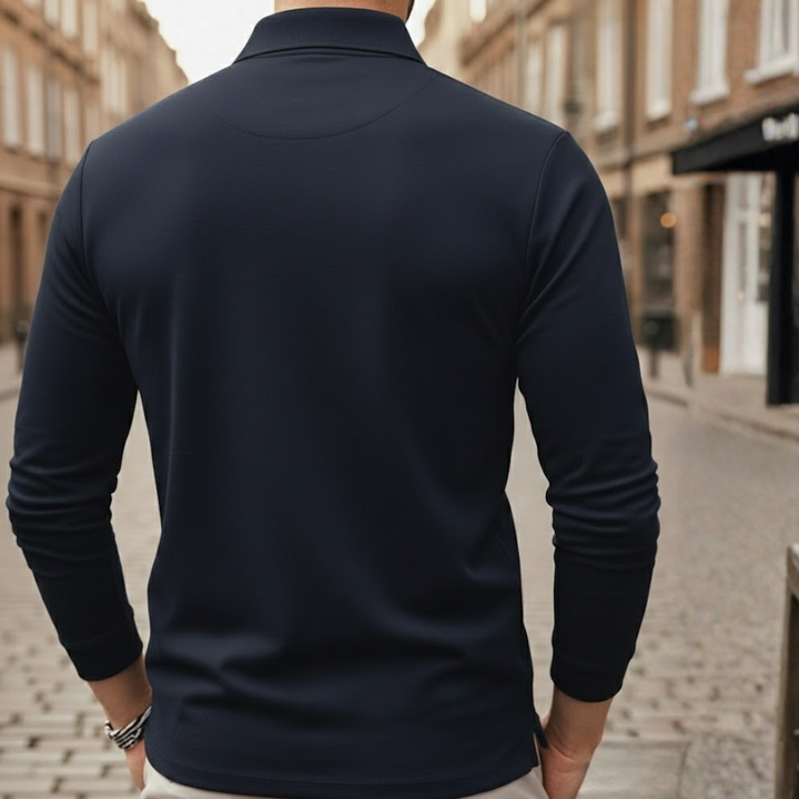 Men's loose fit long sleeve polo with classic collar, suitable for smart casual occasions.