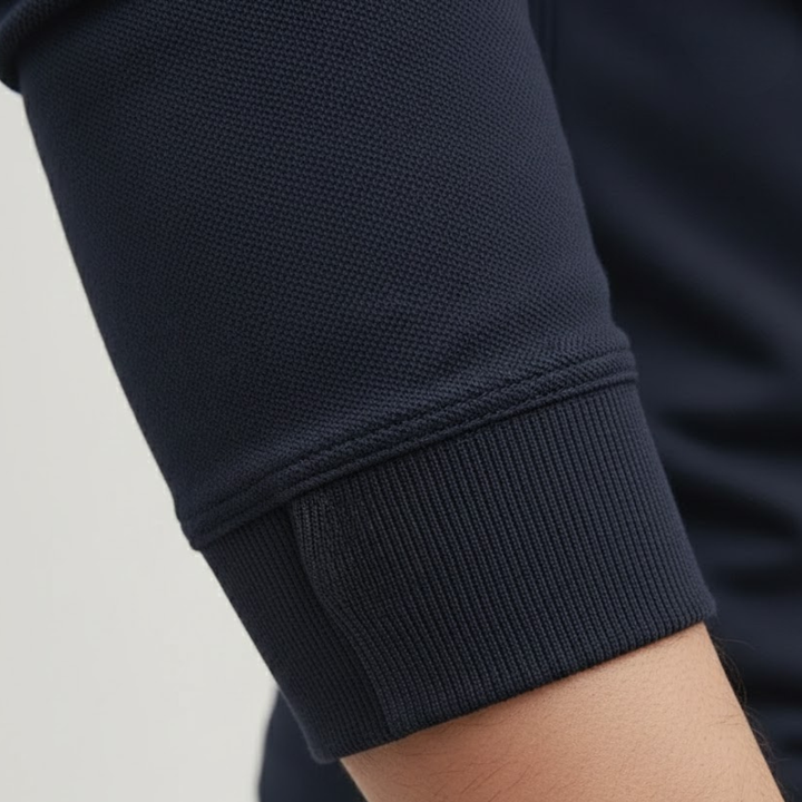 Man wearing a comfortable loose fit long sleeve polo shirt, perfect for a relaxed casual style.