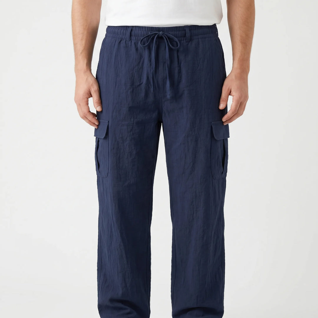 Casual men's loose fit cargo pants with practical utility pockets and a comfortable drawstring waist.