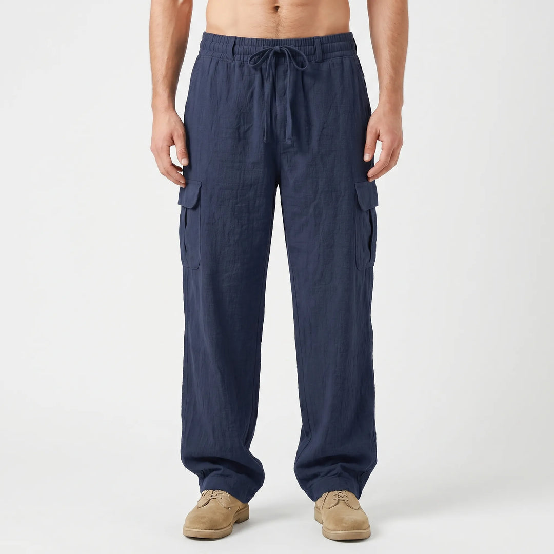 Front view: Men's oversized loose straight leg cargo pants, showcasing relaxed fit and fabric for casual wear.