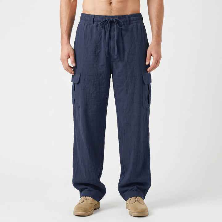 Front view: Men's oversized loose straight leg cargo pants, showcasing relaxed fit and fabric for casual wear.