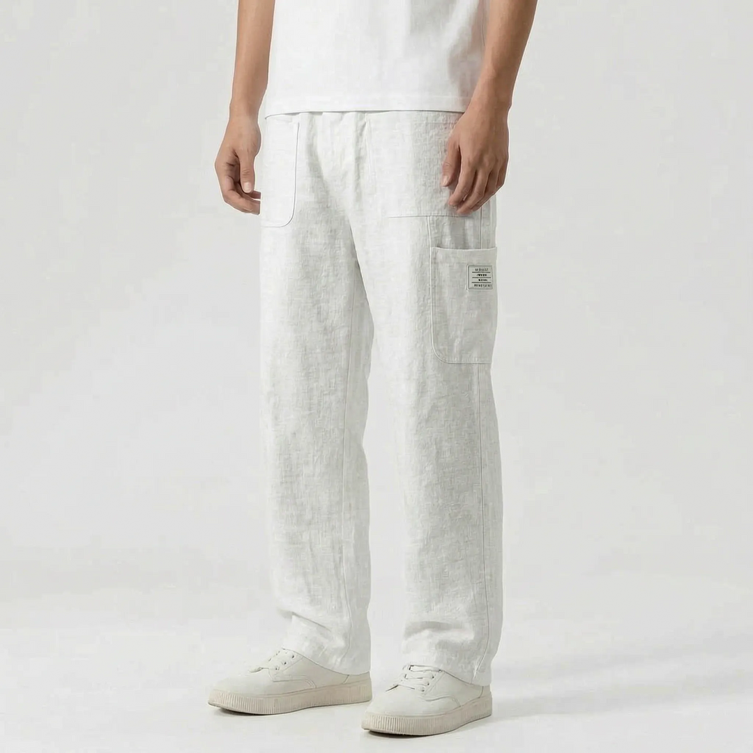 Men's straight-leg cargo pants, loose fit with drawstring. Versatile casual wear for summer & everyday comfort.