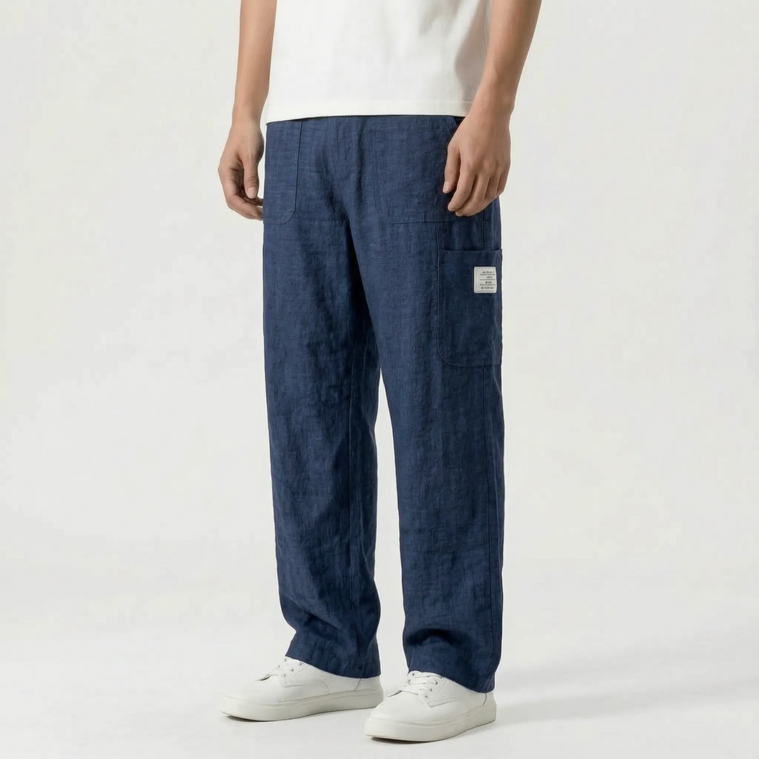 Casual men's loose straight-leg pants, comfortable cargo style with drawstring waist for relaxed summer wear.