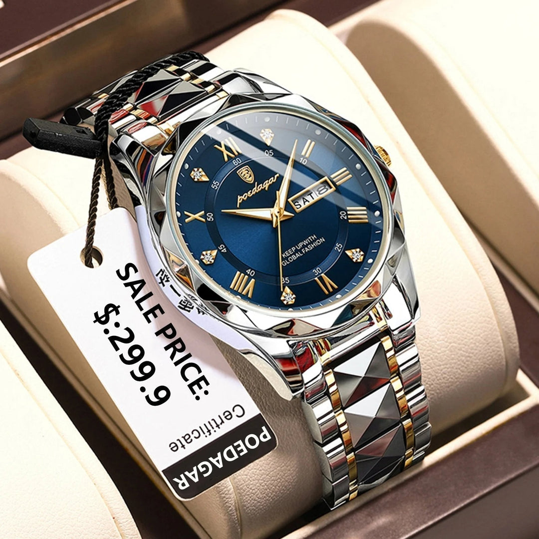 Men's luxury gold waterproof watch with luminous display & date function, perfect for business.