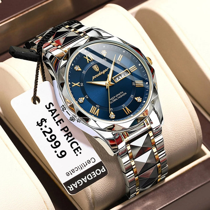 Men's luxury gold waterproof watch with luminous display & date function, perfect for business.