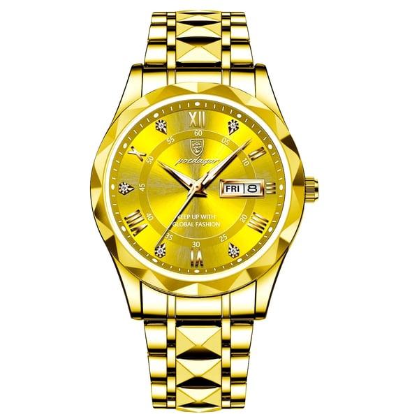 Elegant men's business watch, gold, with bright luminous markers and a functional date display.