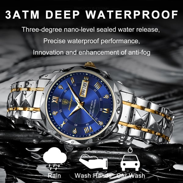 Elegant black men's dress watch, waterproof with bright luminous hands and a clear date display.