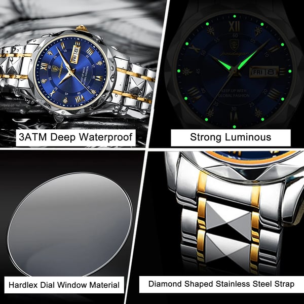 High-end men's quartz watch, shock resistant and waterproof, featuring a glowing dial for visibility.