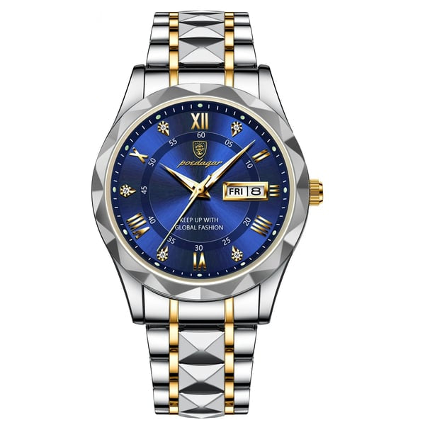 Close-up of a men's luxury luminous watch dial, showcasing the date and waterproof design.