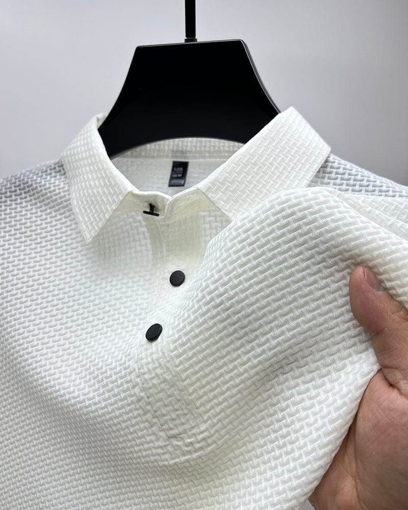 Modern men's short sleeve knit top, luxury fabric for versatile summer style.