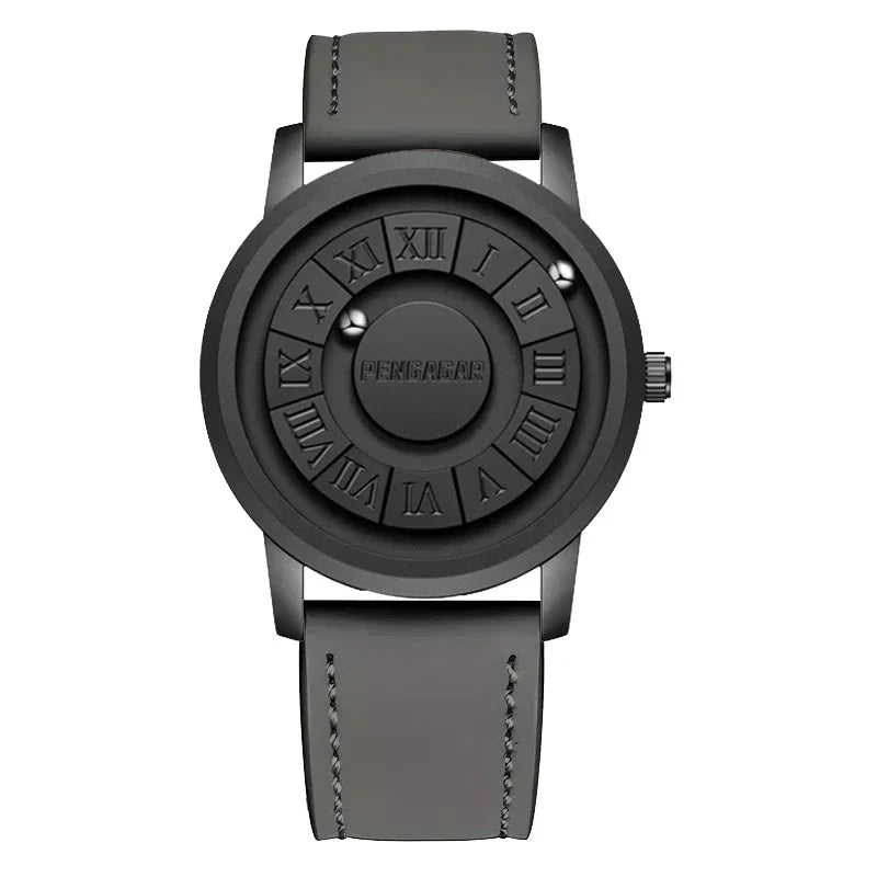 Men's unique magnetic watch, an accessory with a minimalist face and optional Roman numerals.