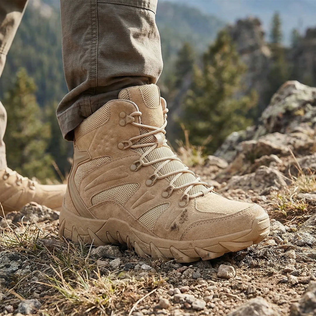 Men's mid-cut tactical hiking boots, ideal for rugged outdoor trails & adventure. Durable & supportive.