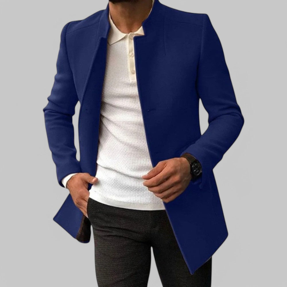 Men's elegant minimalist winter coat, button-front, tailored fit, smart casual autumn outerwear.