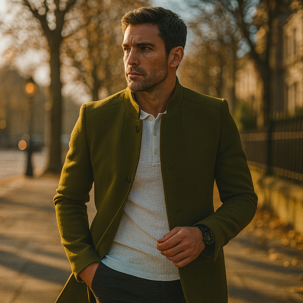 Men's tailored minimalist button winter coat for smart casual wear and autumn fashion.