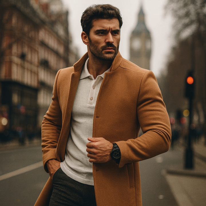 Tailored men's winter coat, minimalist style, with front buttons for elegant smart casual outerwear.