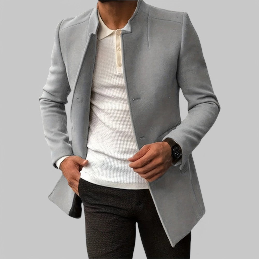 Classic button-front men's minimalist winter coat, tailored for a smart casual and elegant style.