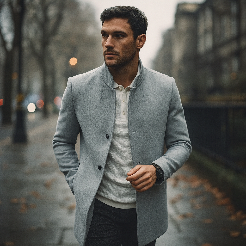 Stylish men's minimalist winter coat, tailored and buttoned, for smart casual cold weather outerwear.