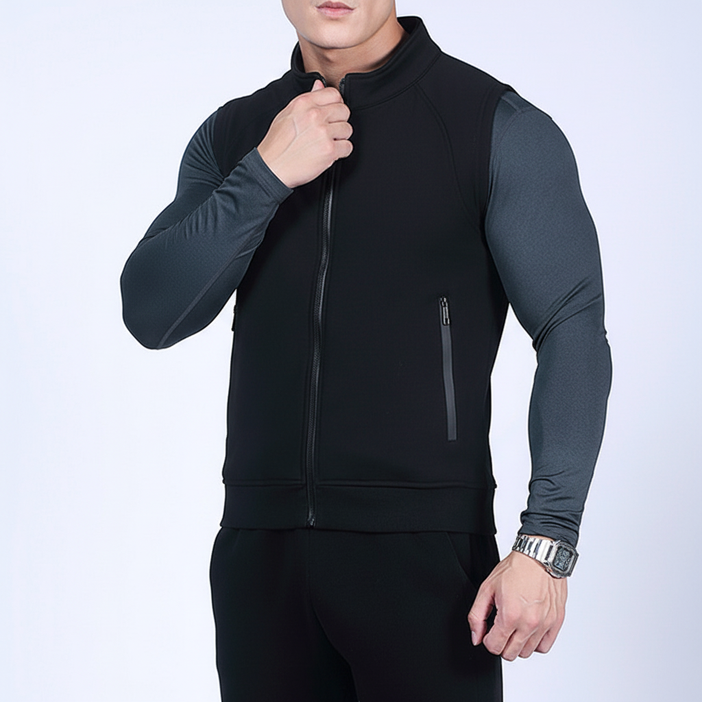 Warm men's fleece vest. Perfect casual outerwear for layering comfort. Features soft lining and stylish design.