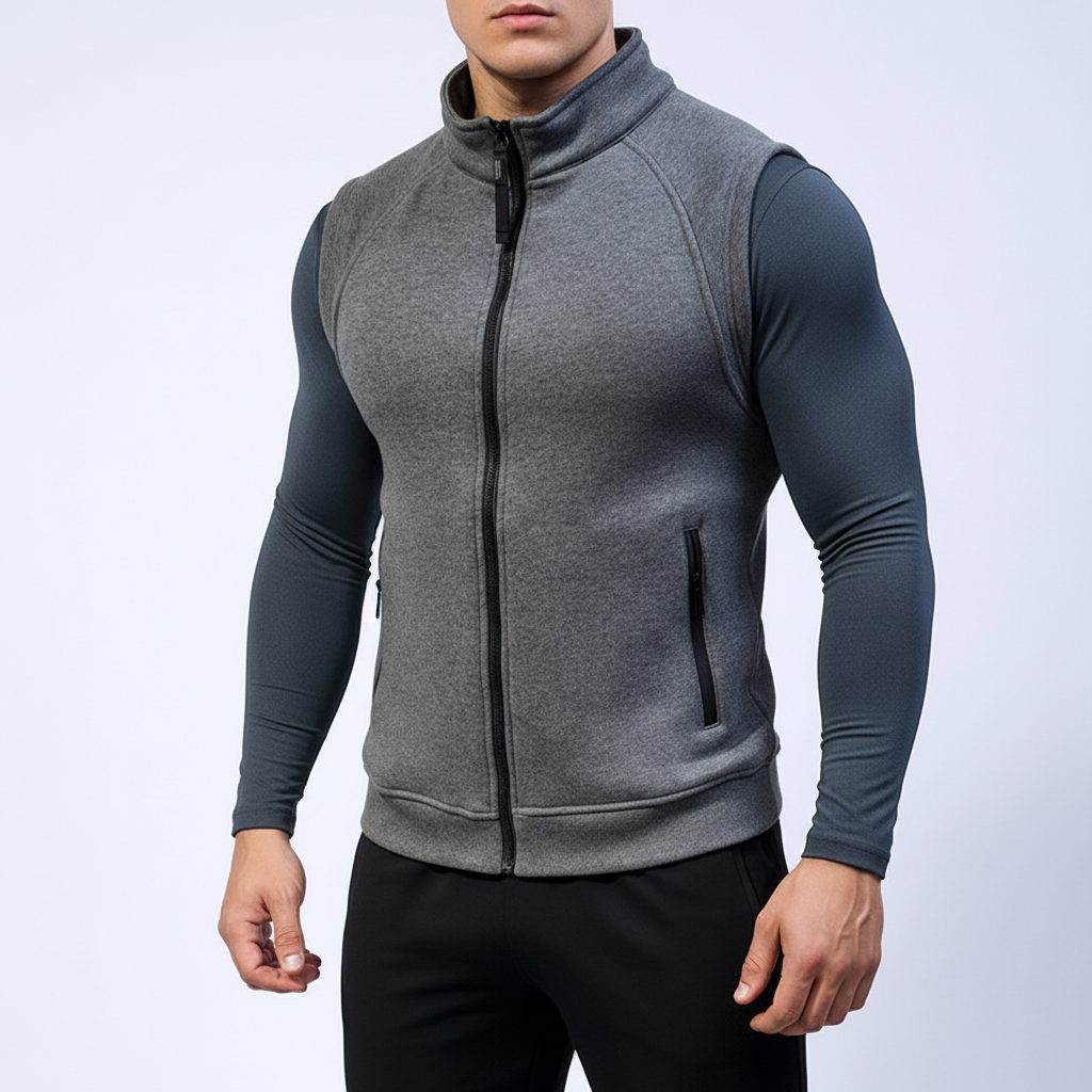 Comfortable men's fleece vest for activewear. Stylish outerwear with warm lining and practical zippered pockets.