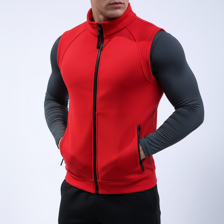Athletic men's vest with fleece lining. Ideal casual outerwear for warmth, comfort, and layering. Zippered pockets.