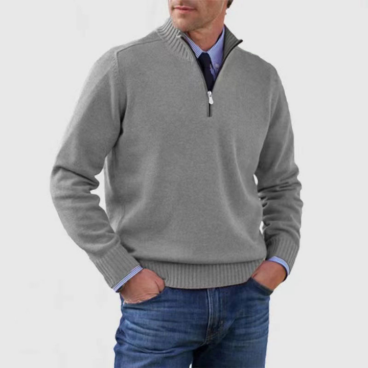 Men's mock neck half-zip sweater with ribbed trim. Perfect for casual wear & autumn layering.