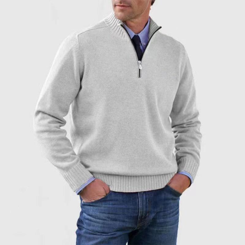 Stylish men's mock neck half-zip sweater, ribbed trim. Ideal for autumn & winter casual fashion.