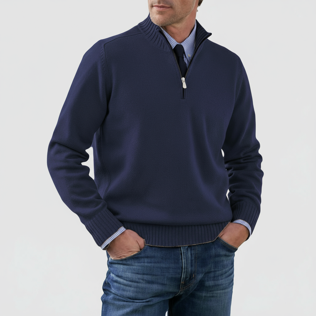 Men's ribbed trim mock neck half-zip sweater. A versatile layering piece for men's autumn & winter fashion.
