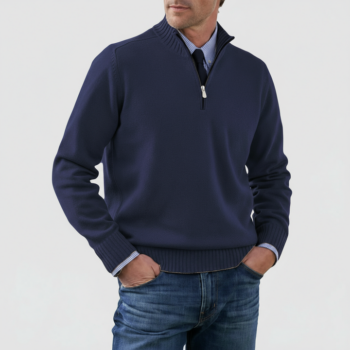 Men's ribbed trim mock neck half-zip sweater. A versatile layering piece for men's autumn & winter fashion.