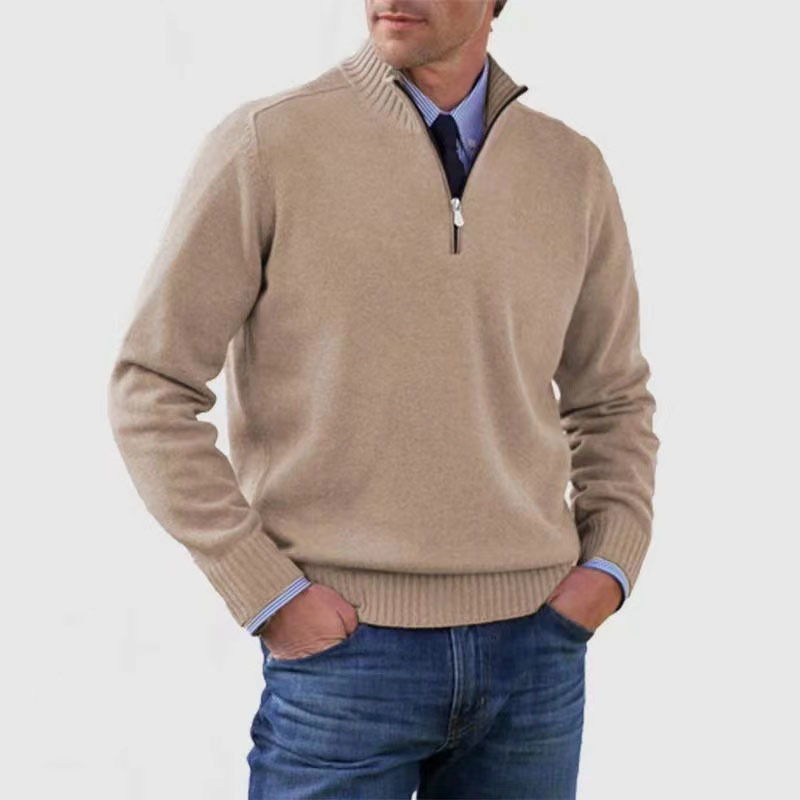Cozy men's half-zip mock neck pullover sweater. Features ribbed trim for comfortable casual wear.