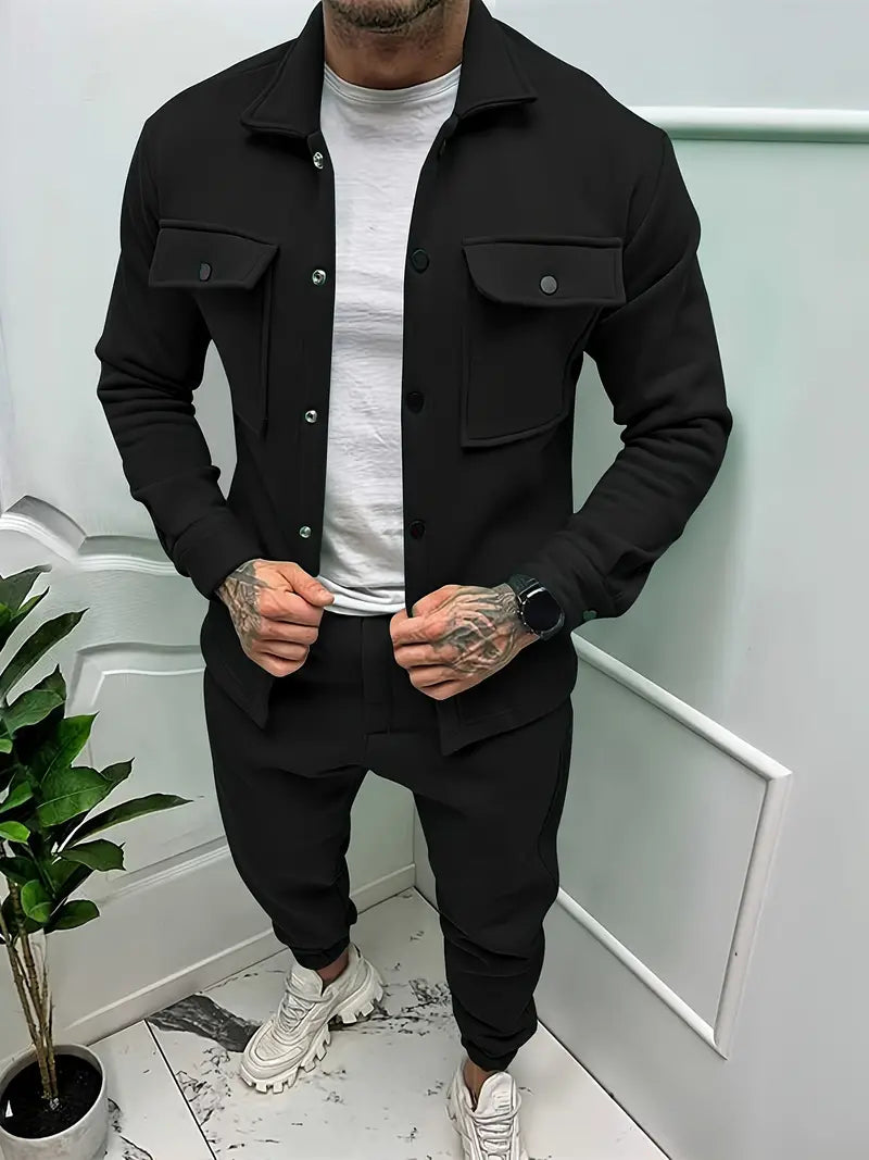 Men's modern casual jacket and trousers set, perfect for autumn loungewear or a comfortable coordinating outfit.