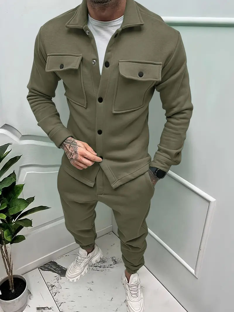 Coordinating men's casual jacket and trousers set, offering a modern and comfortable autumn apparel solution.