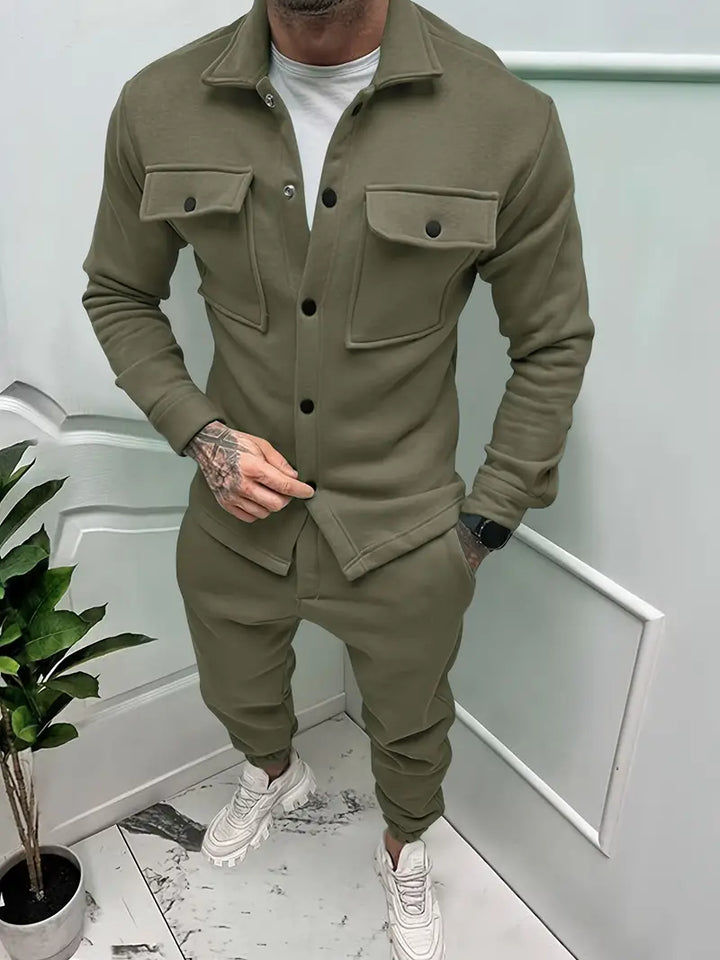 Coordinating men's casual jacket and trousers set, offering a modern and comfortable autumn apparel solution.