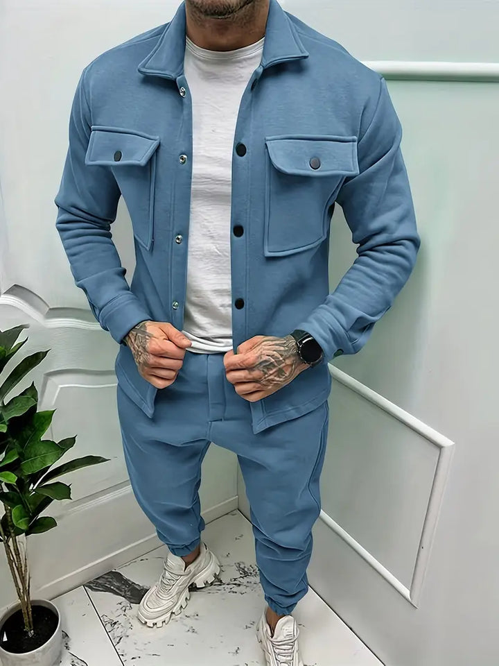 Men's stylish jacket and matching trousers set, designed for a modern casual look and comfortable autumn wear.