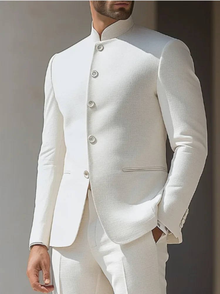 Men's modern Nehru suit jacket with a band collar, ideal for formal elegance, weddings, and evening wear.