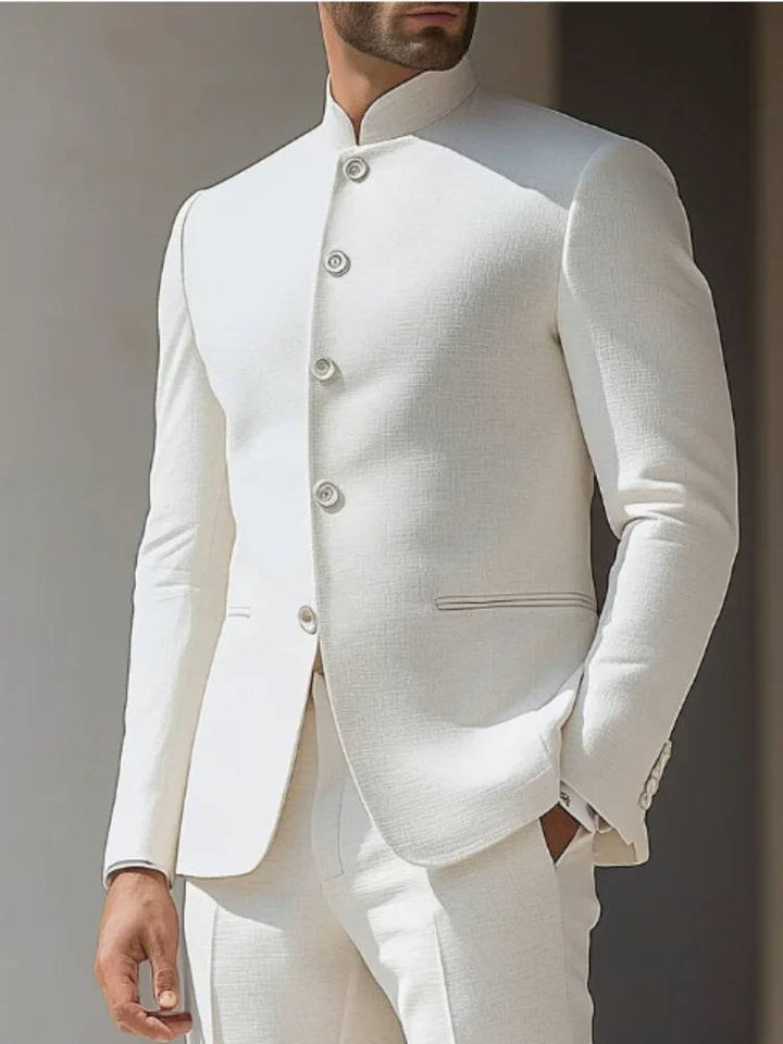 Men's modern Nehru suit jacket with a band collar, ideal for formal elegance, weddings, and evening wear.