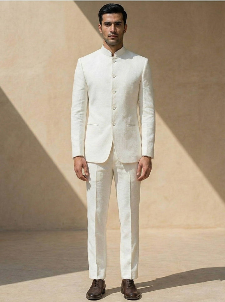 Elegant slim-fit men's Nehru suit jacket, perfect for professional events, dinner parties, and wedding attire.