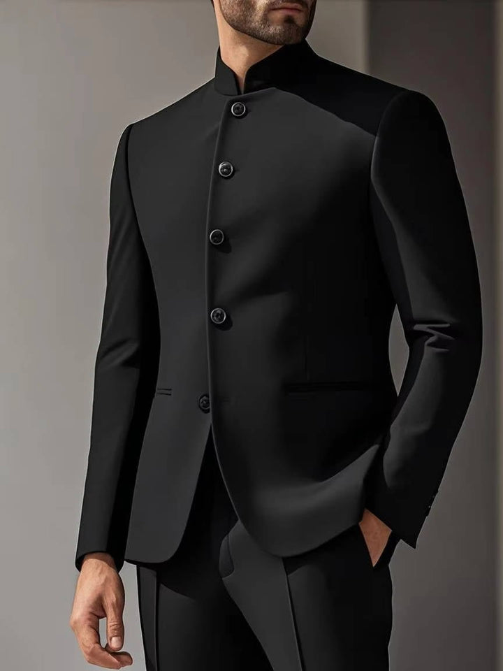 Stylish men's band collar Nehru suit jacket for a modern formal look, suitable for parties and smart casual events.