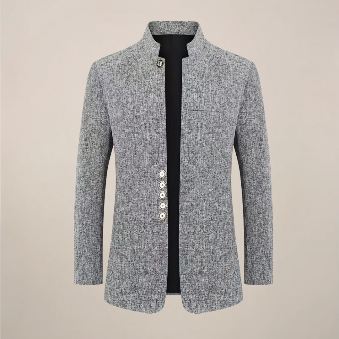 Men's modern stand collar blazer, single-breasted, tailored fit. Perfect smart casual or formal wear jacket.