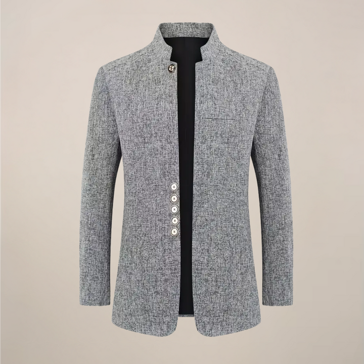 Men's modern stand collar blazer, single-breasted, tailored fit. Perfect smart casual or formal wear jacket.